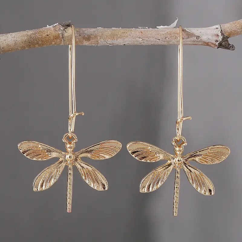 Bronze Vintage Dragonfly Earrings Women Elegant Jewelry Party Golden New Fashion