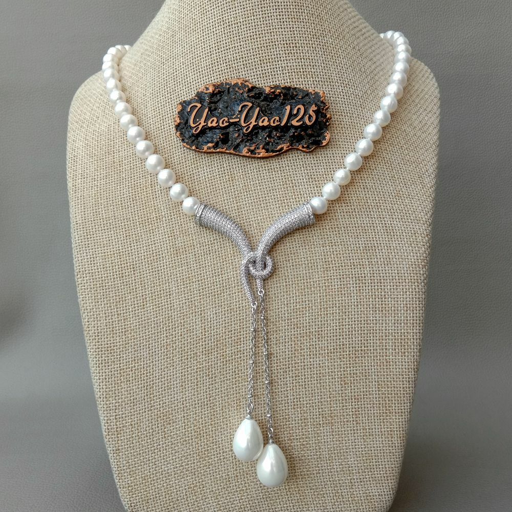 Cultured White Pearl Necklace White Sea Shell Pearl cz pave Pendant 20″