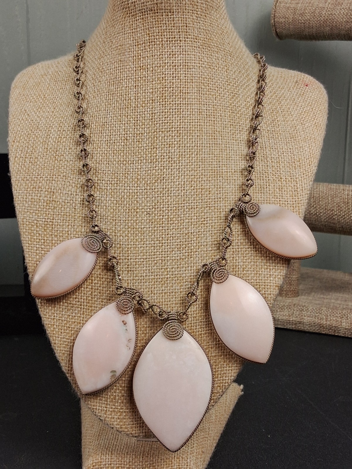 Artisan Pink Queen Conch Shell Necklace Wired Coiled 5 Cabochon Statement Boho