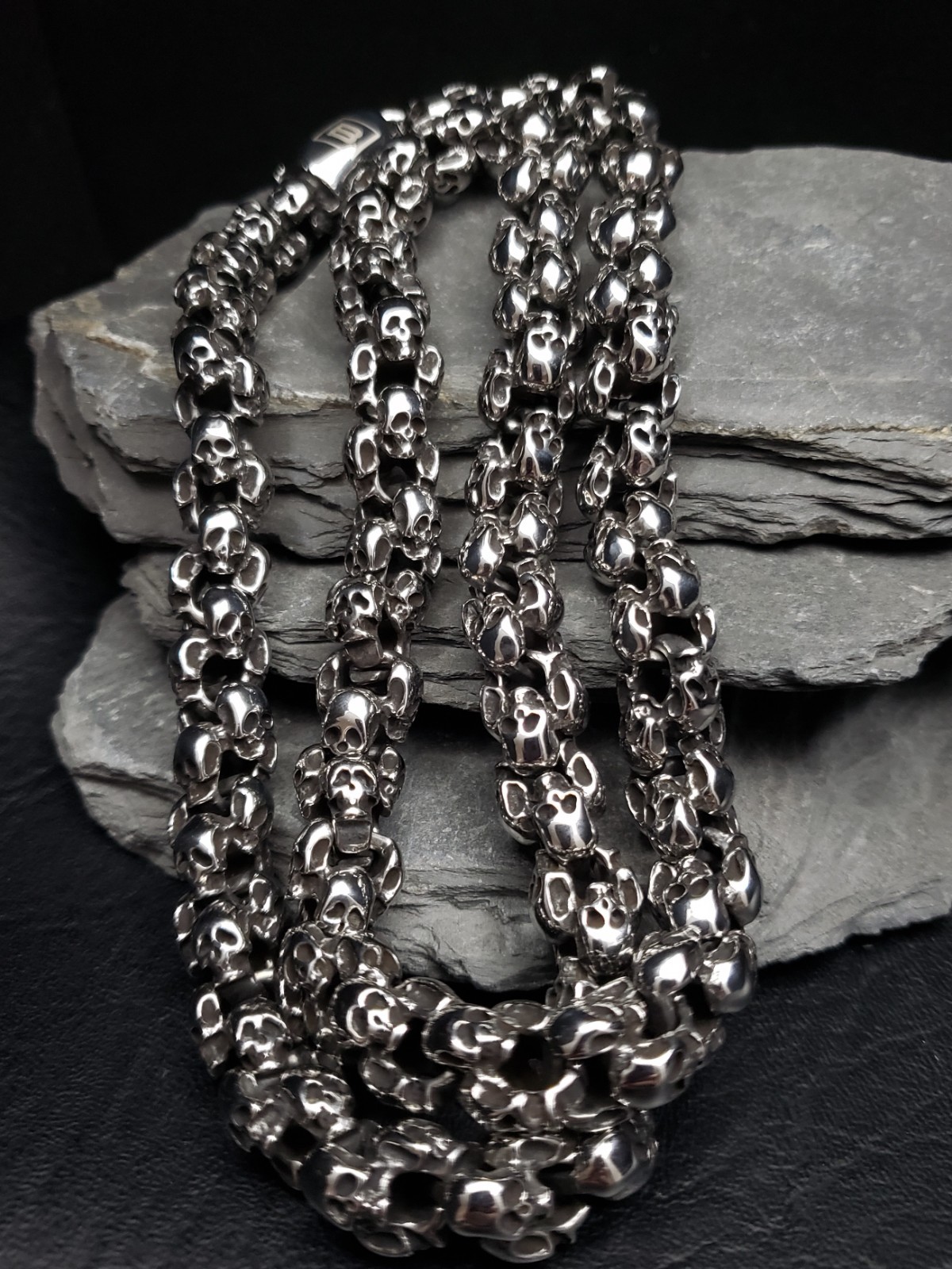 Skull Biker Necklace – Polished Silver Stainless Steel, 26″ Chain – BLACKSTATIC