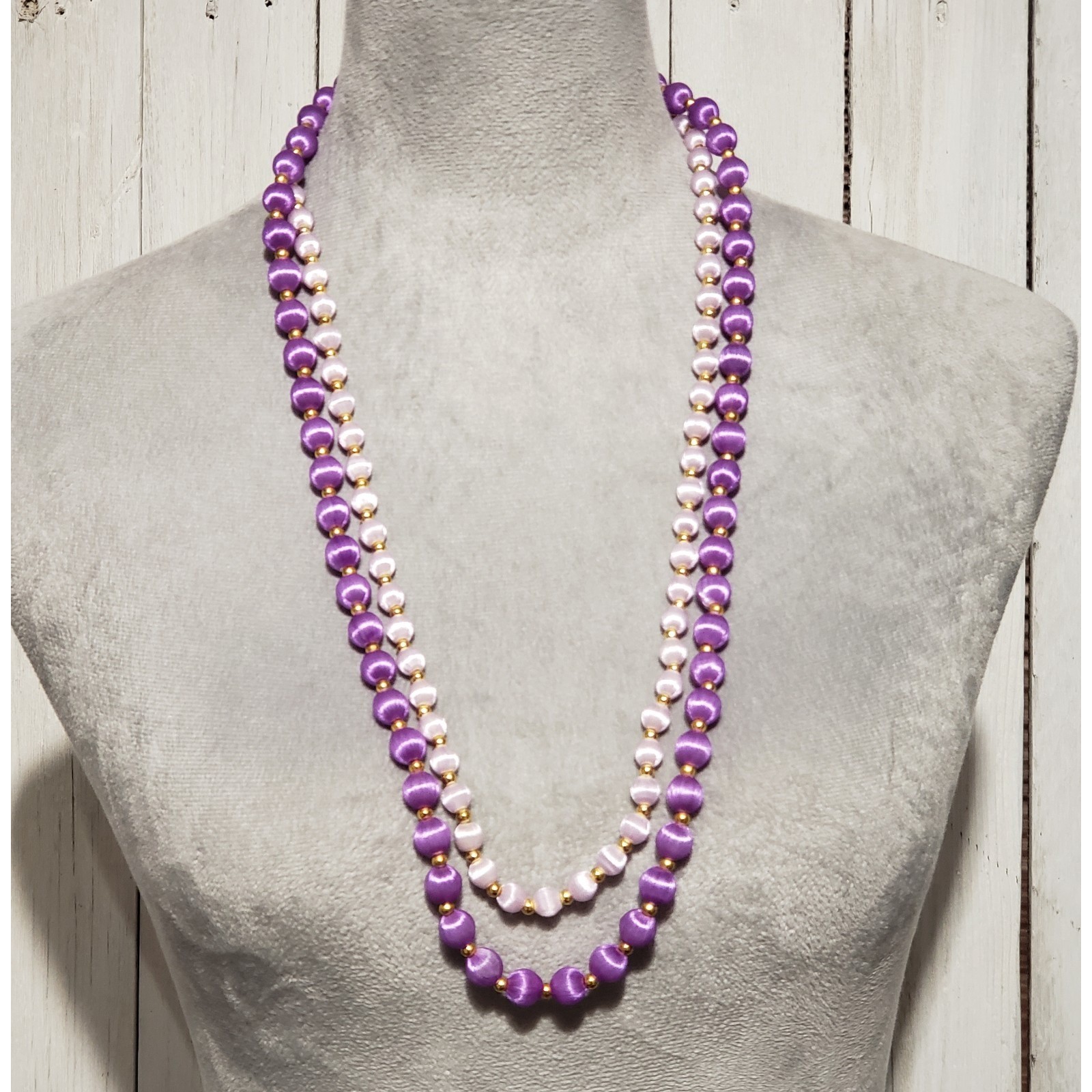 Vtg Bead Necklaces Set of 2 Purple Silk Satin Wrapped Boho Coquette Retro Fairy