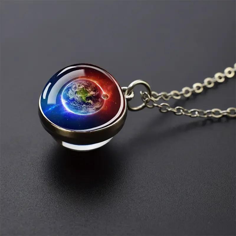 Double Sided Galaxy Planet Glass Ball Pendant Necklace Sun Earth Moon Mars