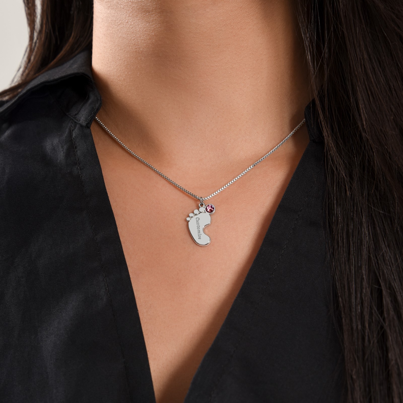 Personalized Baby Feet Necklace Birthstone Engraved Mom Grandma Gift Silver Gold