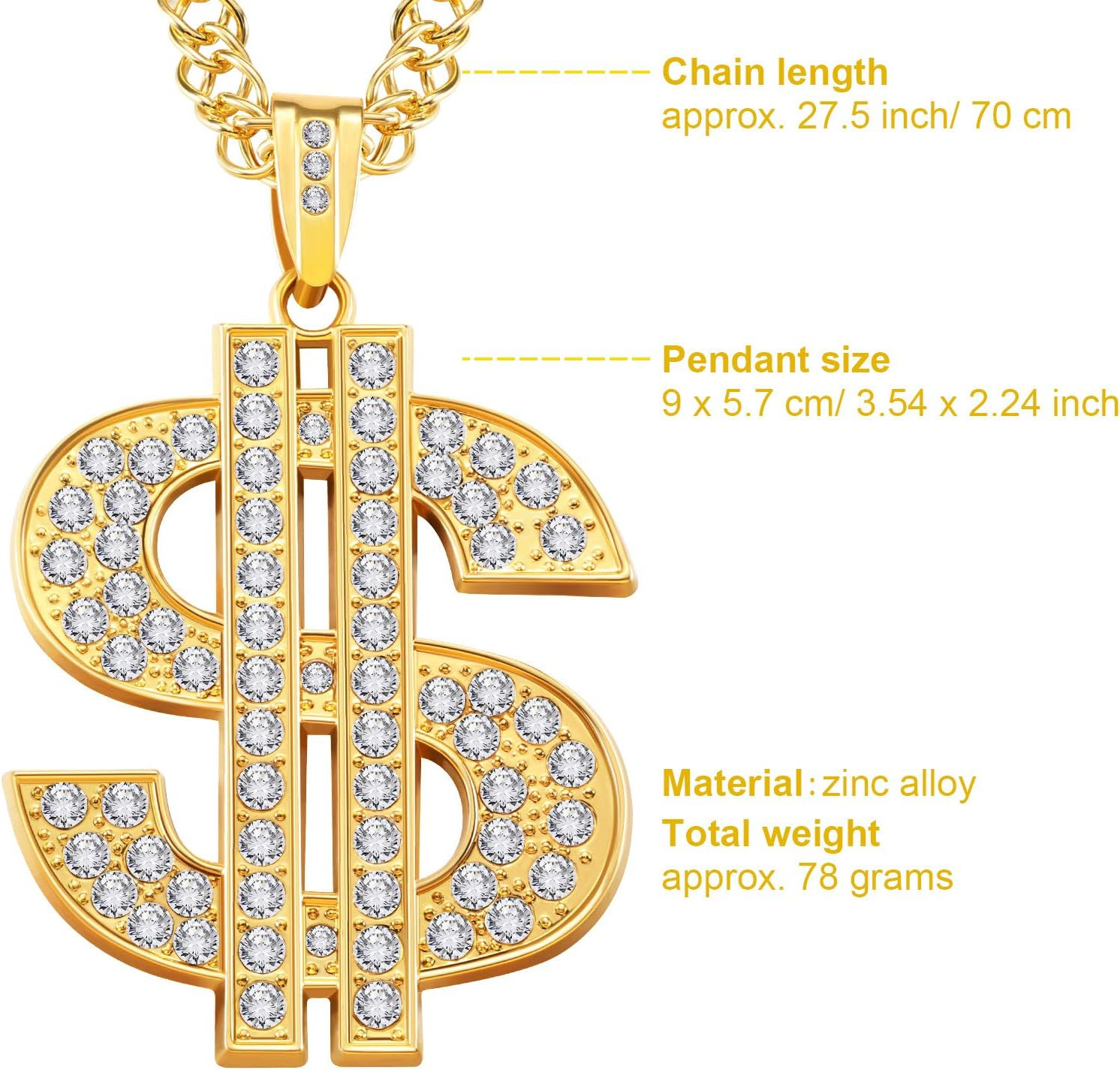 2 Pieces Plated Chain for Men with Dollar Sign Pendant Necklace, Hip Hop Dollar