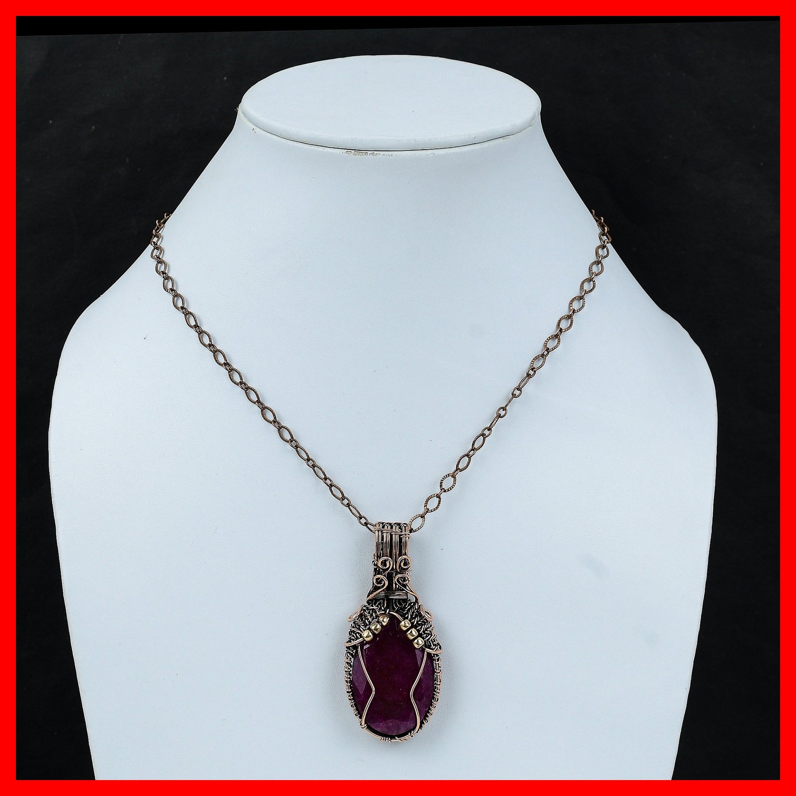 Kashmir Rubi Gemstone Engagement Artisan New Wire Wrapped Pendant Jewelry Copper