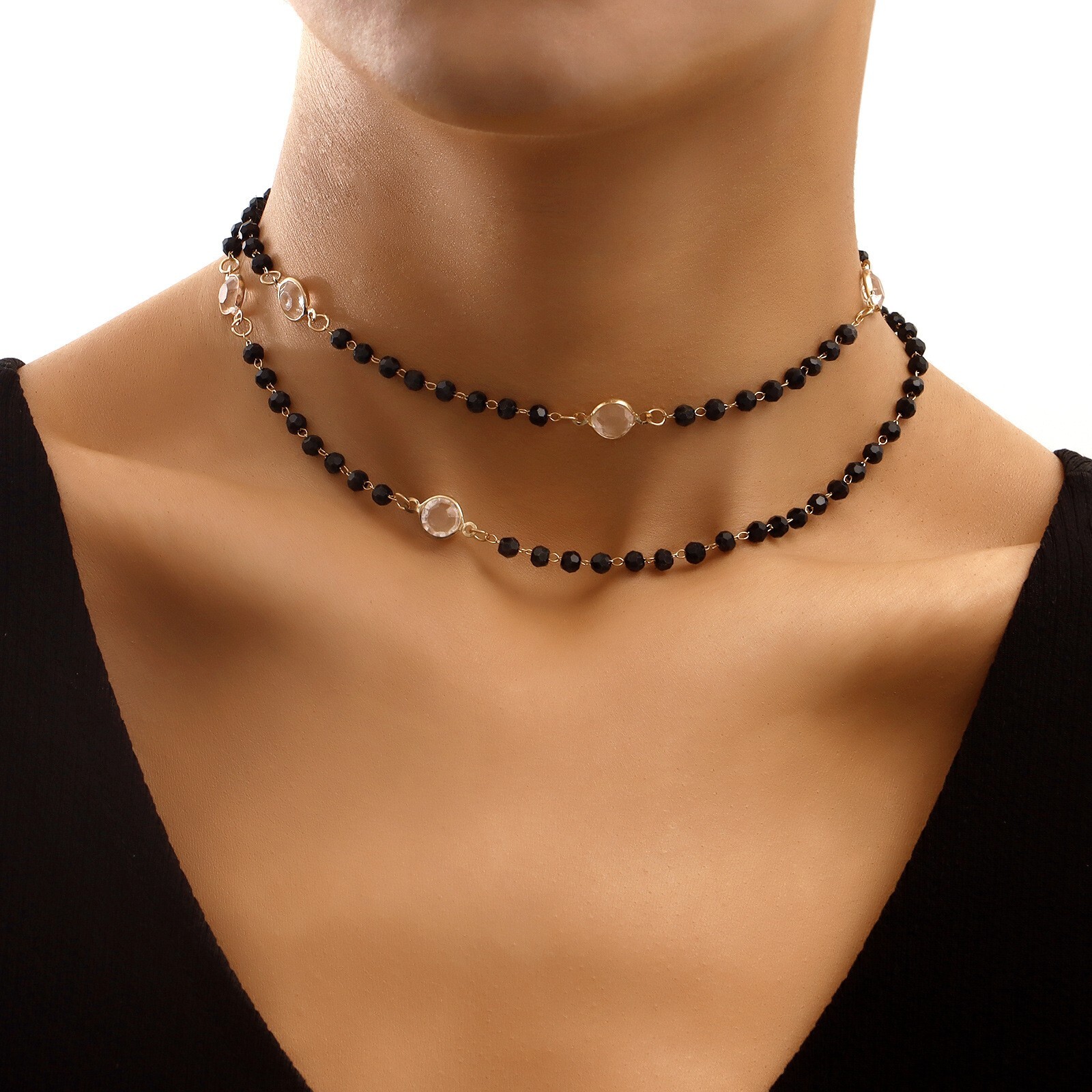 Fashion Women Crystal Necklace Retro Geometric Beads Elegant Black Pendant 1941