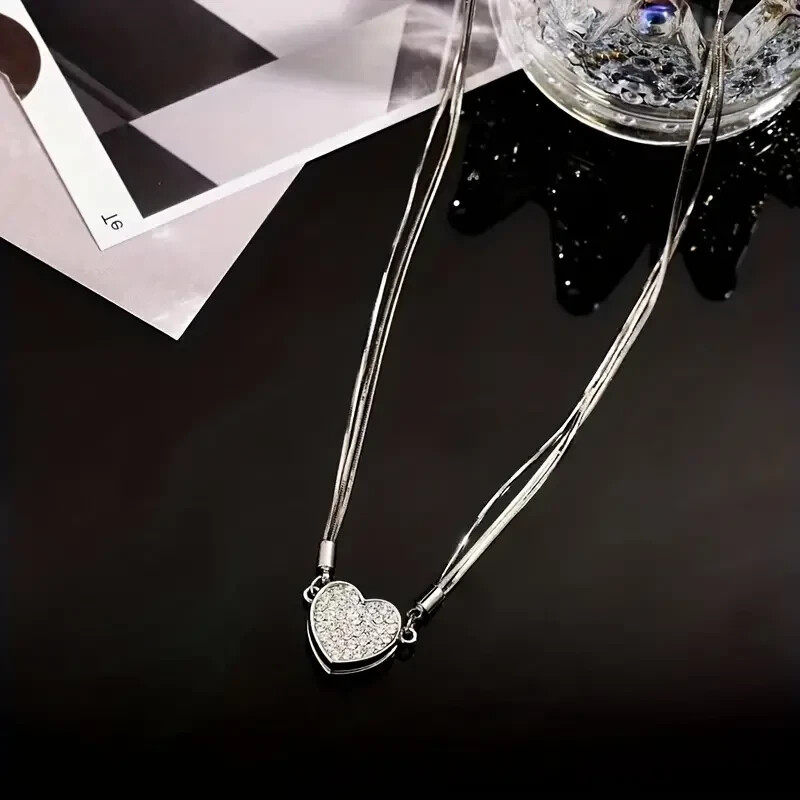 Magnetic 3 Layer Love Heart Shape Rhinestone Silvery Necklace Women Fashion Gift