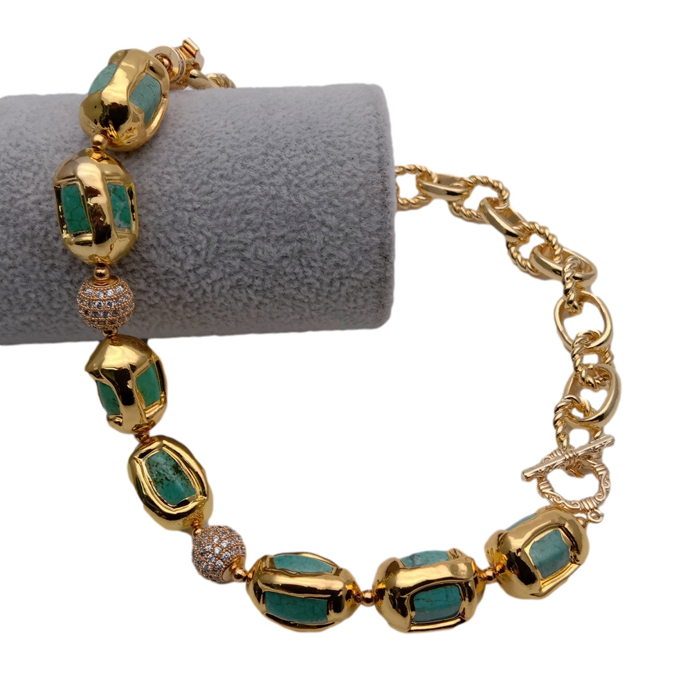 Turquoise Electroplated Edge Cz Pave Beads Gold Plated Chain Choker Necklace