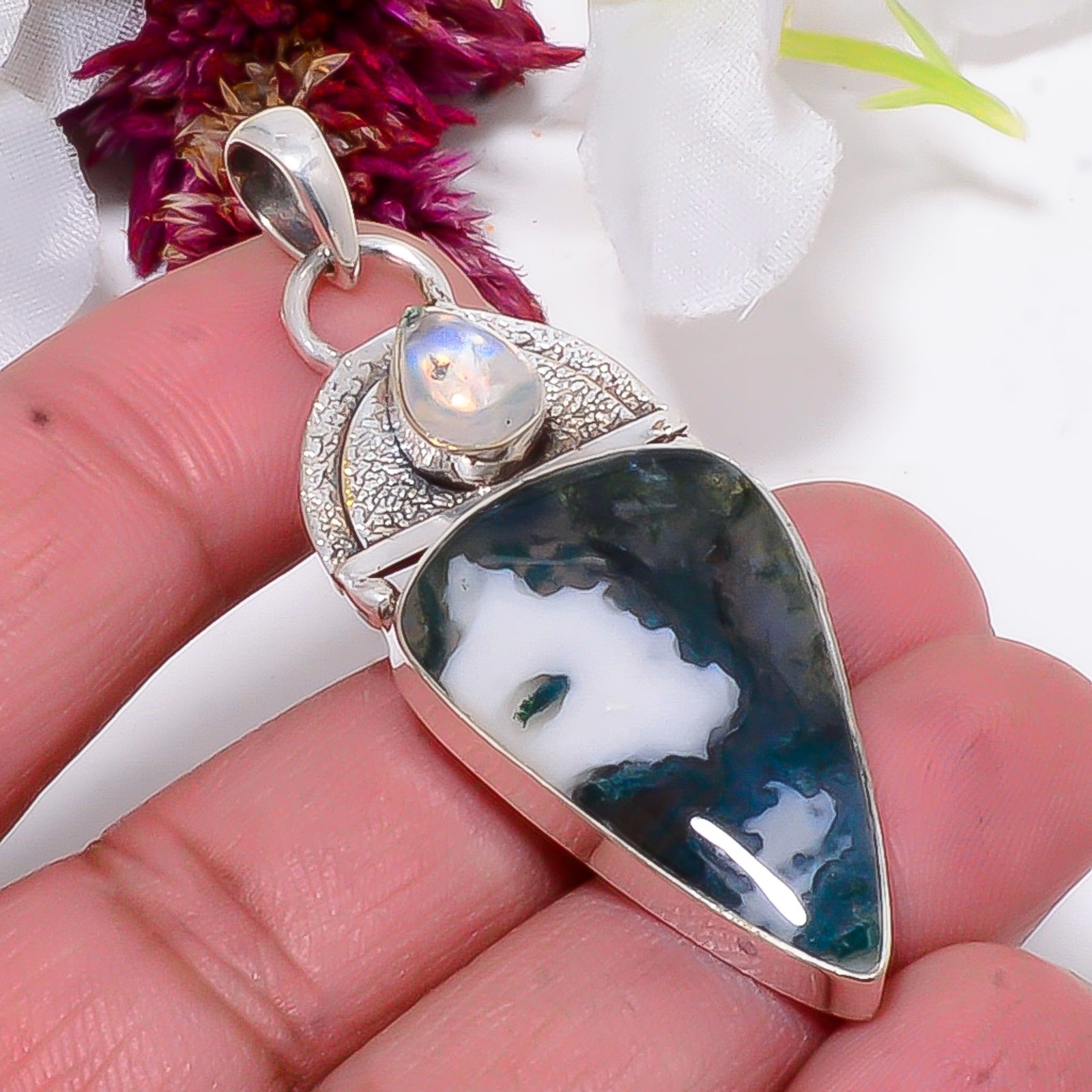 Moss Agate – India & Rainbow Moonstone 925 Sterling Silver Pendant 2.34″ Sku24