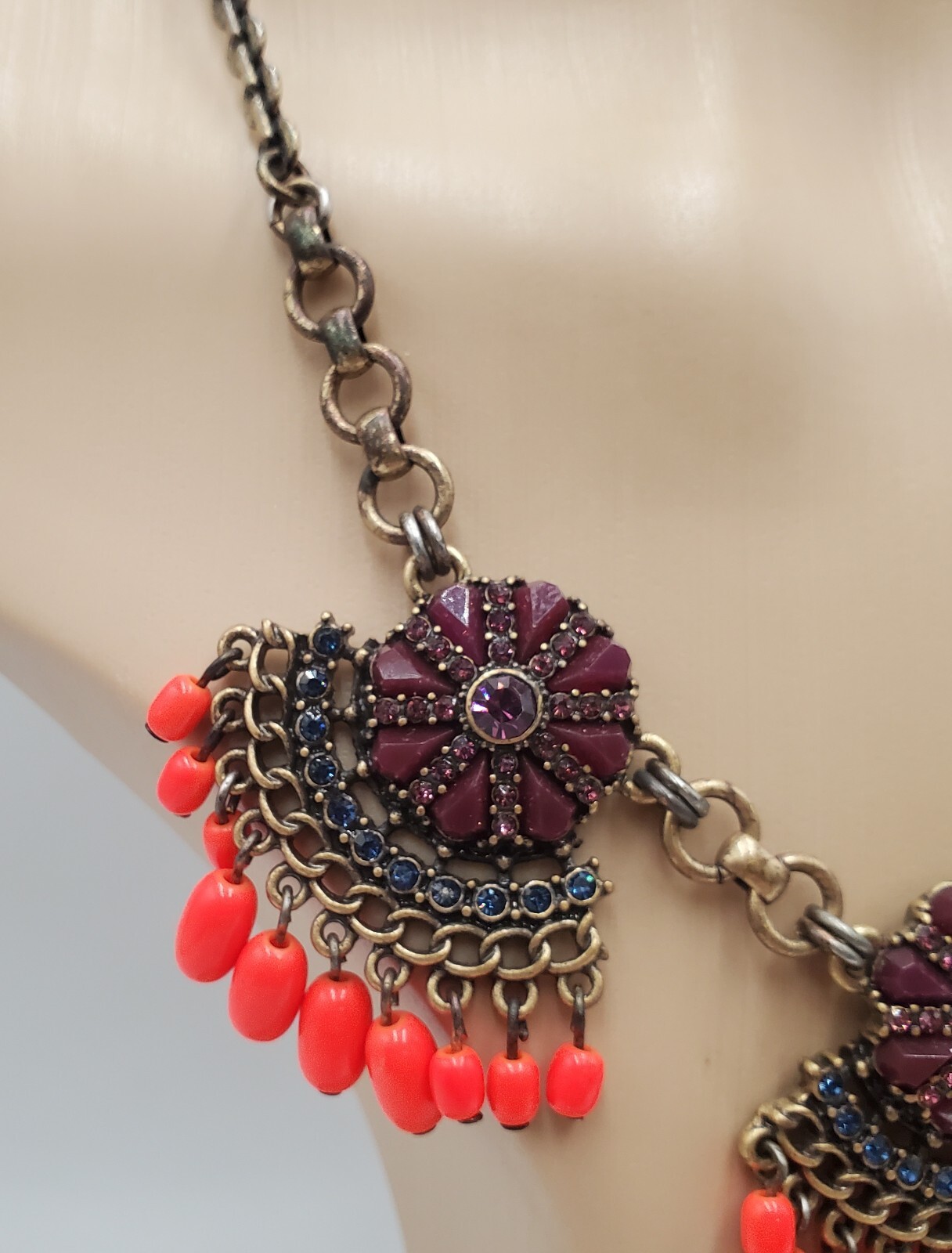 J Crew Necklace 18in +3 Brass Tone Neon Orange Bead Purple Crystals READ Flaw