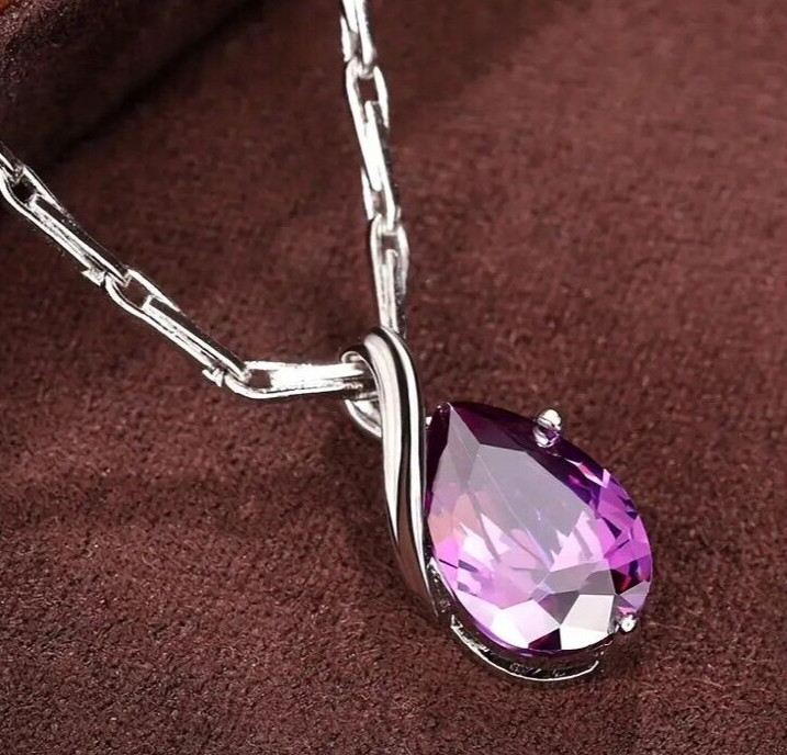 Exquisite Silver Plated Teardrop Amethyst Necklace Bridal Engagement Wedding