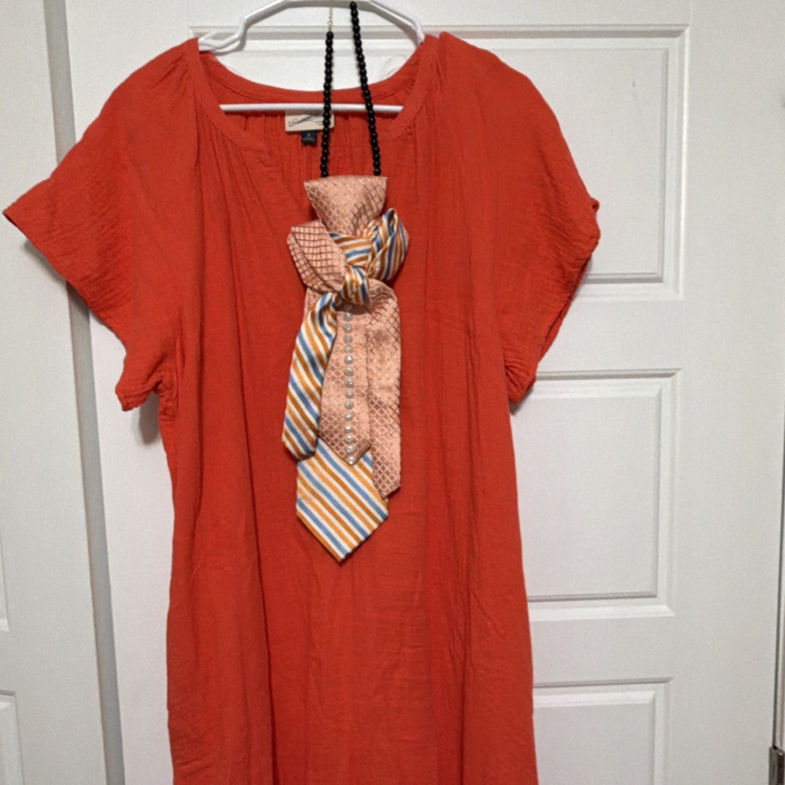 Women’s Jewerly Tie Peach Orange Blue Geometric Striped designwith Button Accent