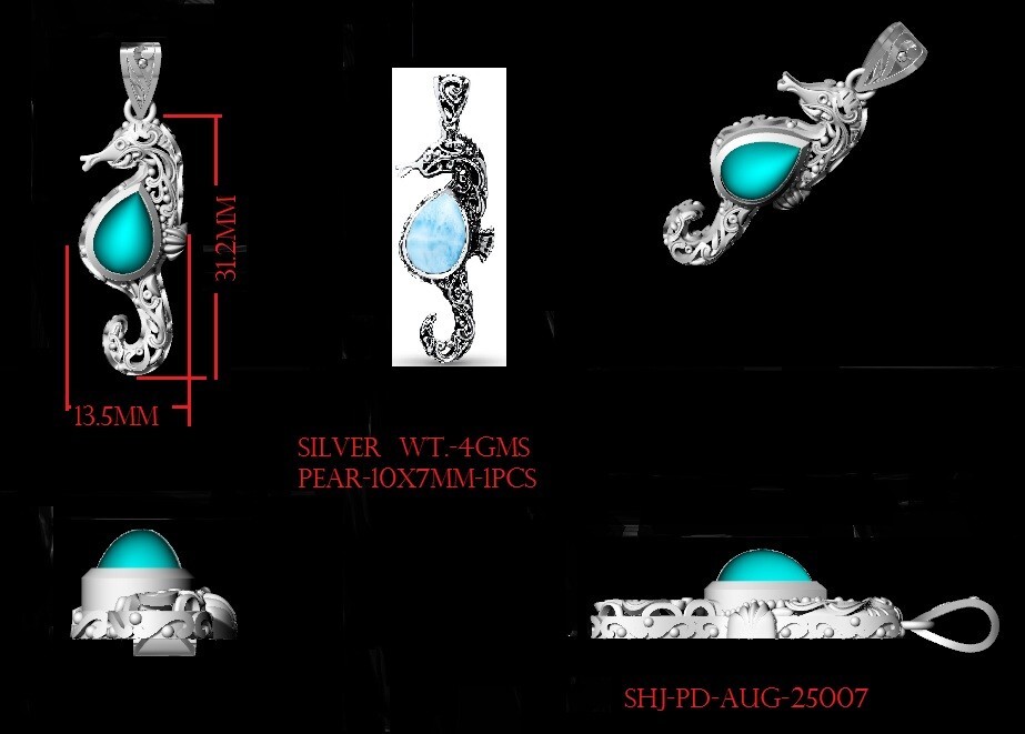 10x7MM Pear Shape Blue Sapphire 925 Sterling Silver Seahorse Fish Women Necklace
