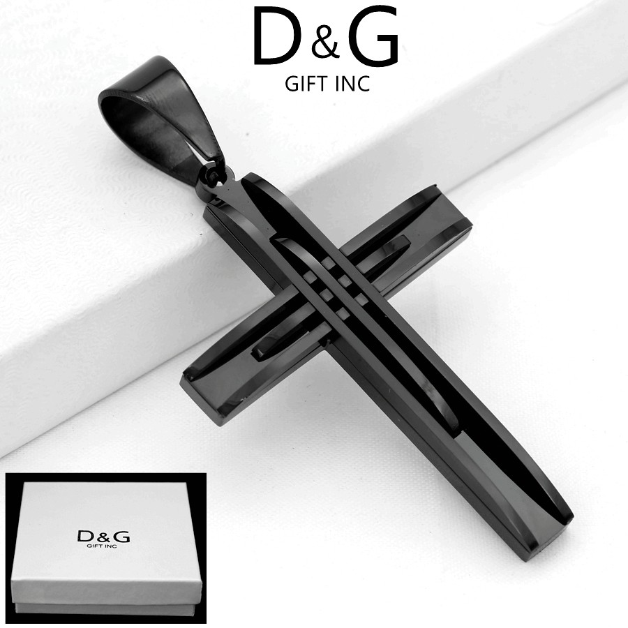 DG Men’s Black Stainless Steel CROSS 76mm Charm Pendant Ion Plated Box