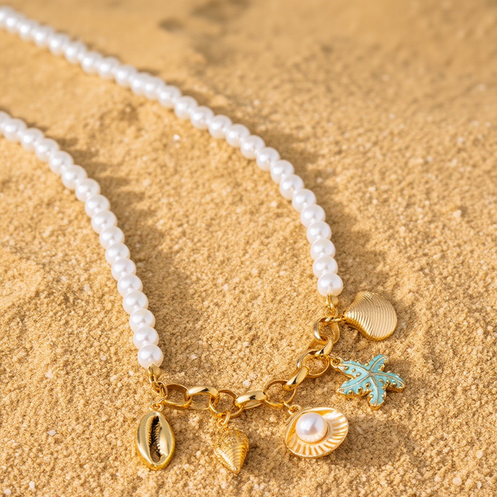 Pearl Necklace Gold Seashell Starfish Charm Choker Boho Beach Women Gift