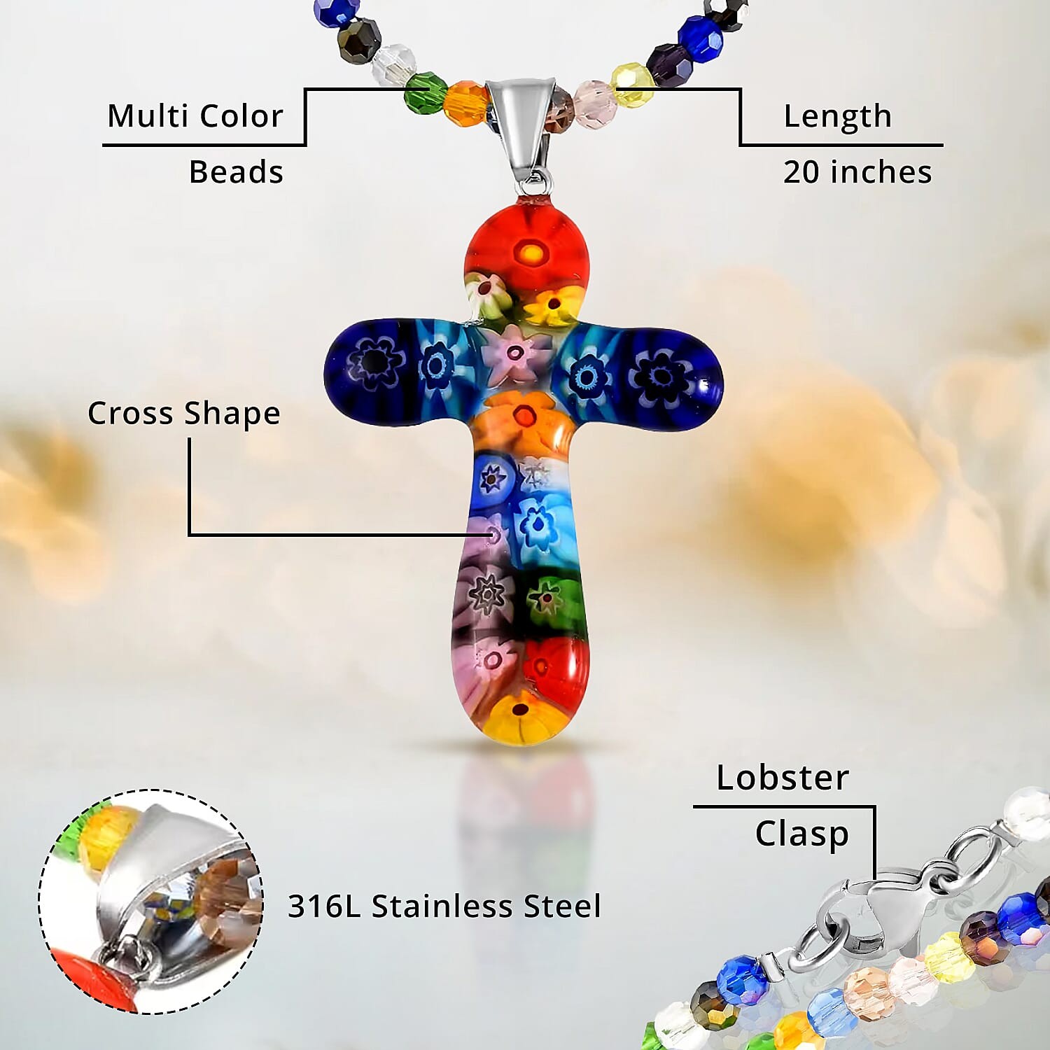 Glass Stainless Steel Heart Pendant Cross Necklace for Women Jewelry Gift 20″