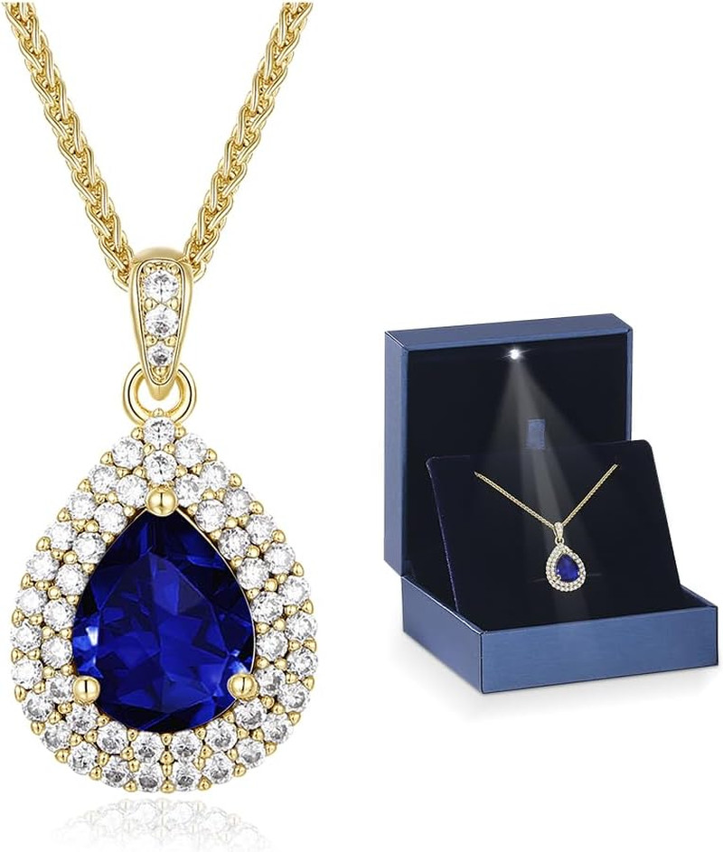 Birthday Gifts for Wife-18K Gold Plated Teardrop Birthstone Necklace- with Light