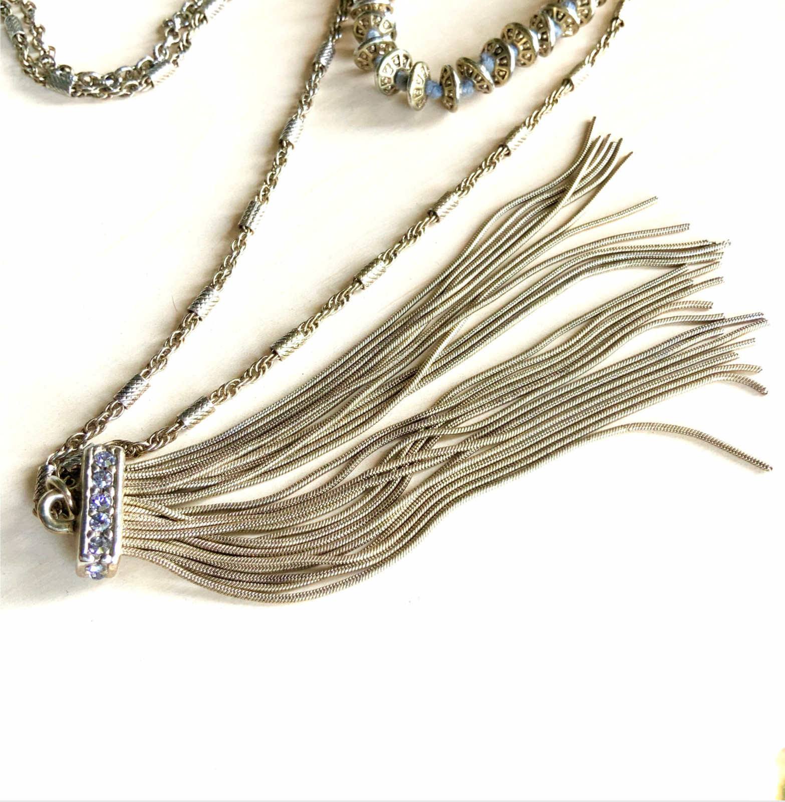 Vintage tassel necklace ST. THOMAS rhinestone antiqued gold multi strand layered