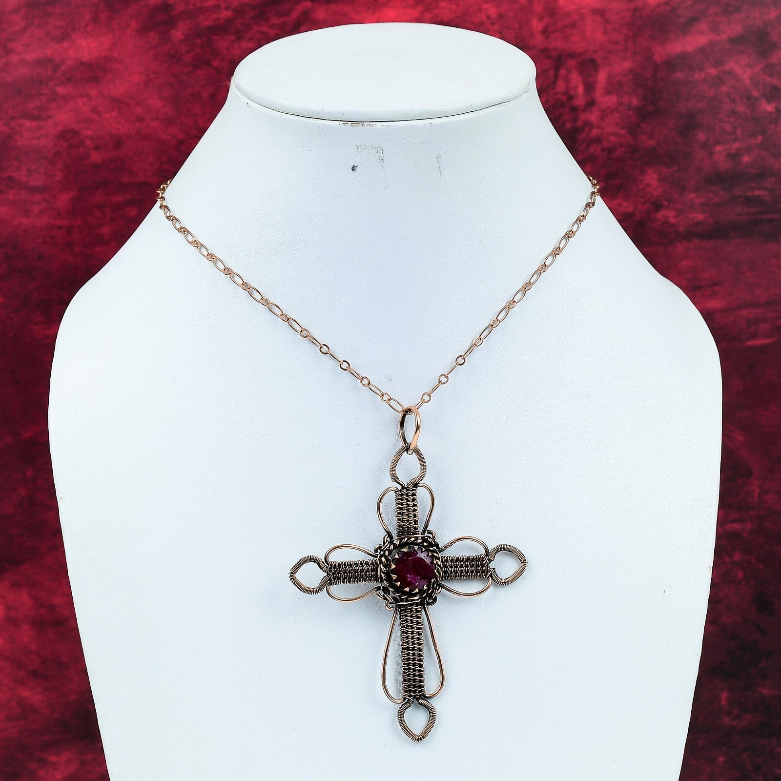 Faceted Kashmir Rubi Gemstone Pendant Copper Wire Wrapped Jewelry Cross Pendant