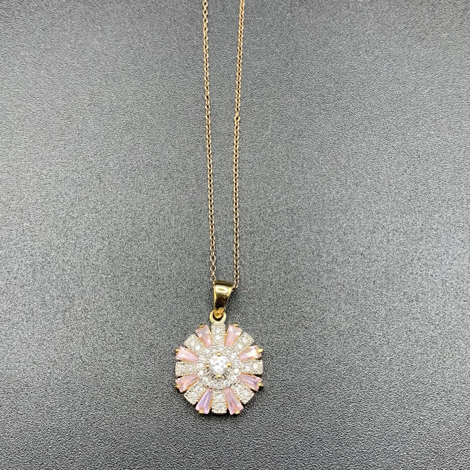 White And Pink Cubic Zirconia Round Flower Pendant Necklace Gold Over 925 Silver