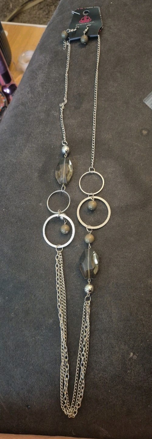 Paparazzi Margarita Masquerades- Olive Green Necklace & Matching Earrings 45”Lg