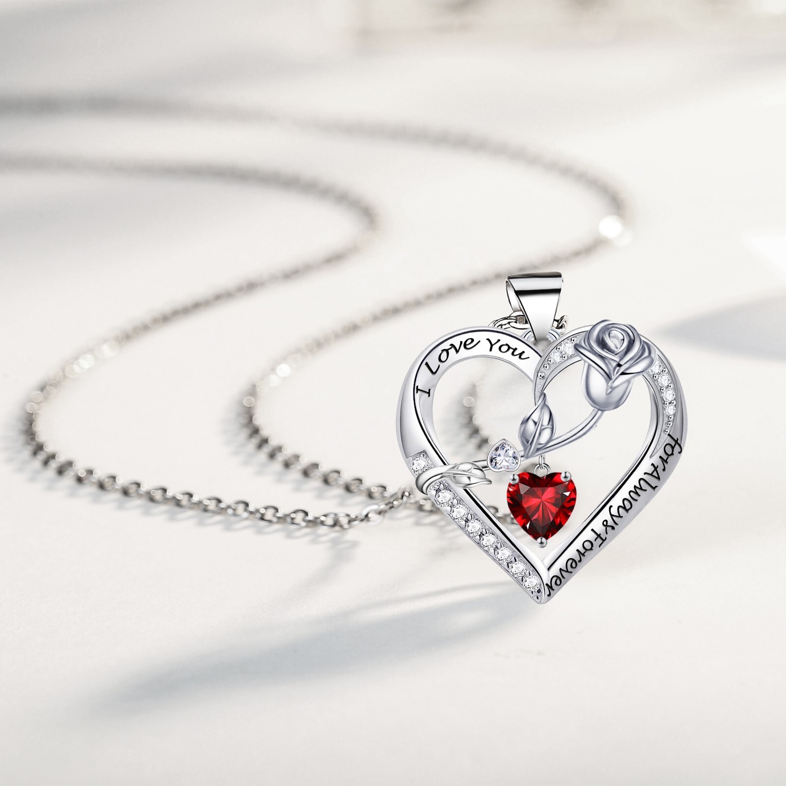 Necklac for Women White Gold Plated 5A Heart CZ Rose Engraved Necklace