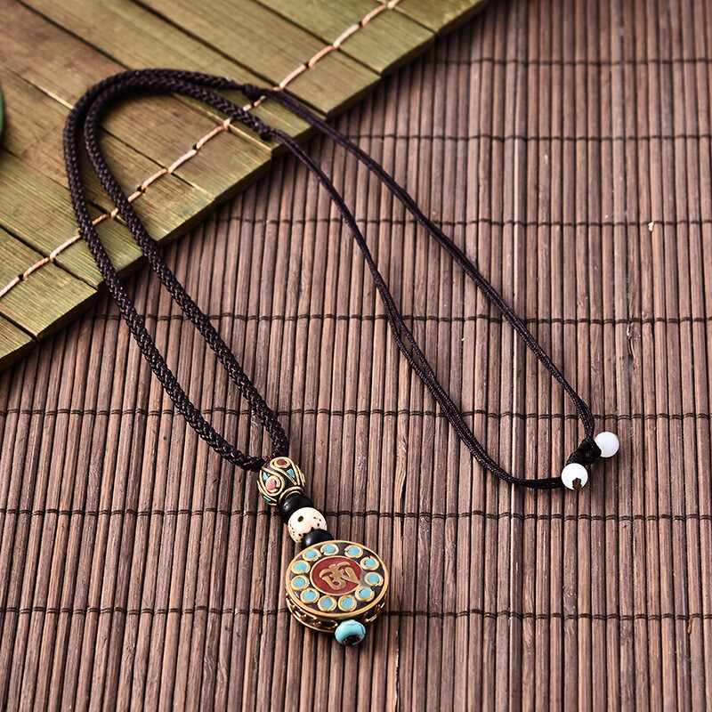 Nepal Long Buddhist Wood Beaded Pendant Necklace Ethnic Buddha Lucky Jewelry