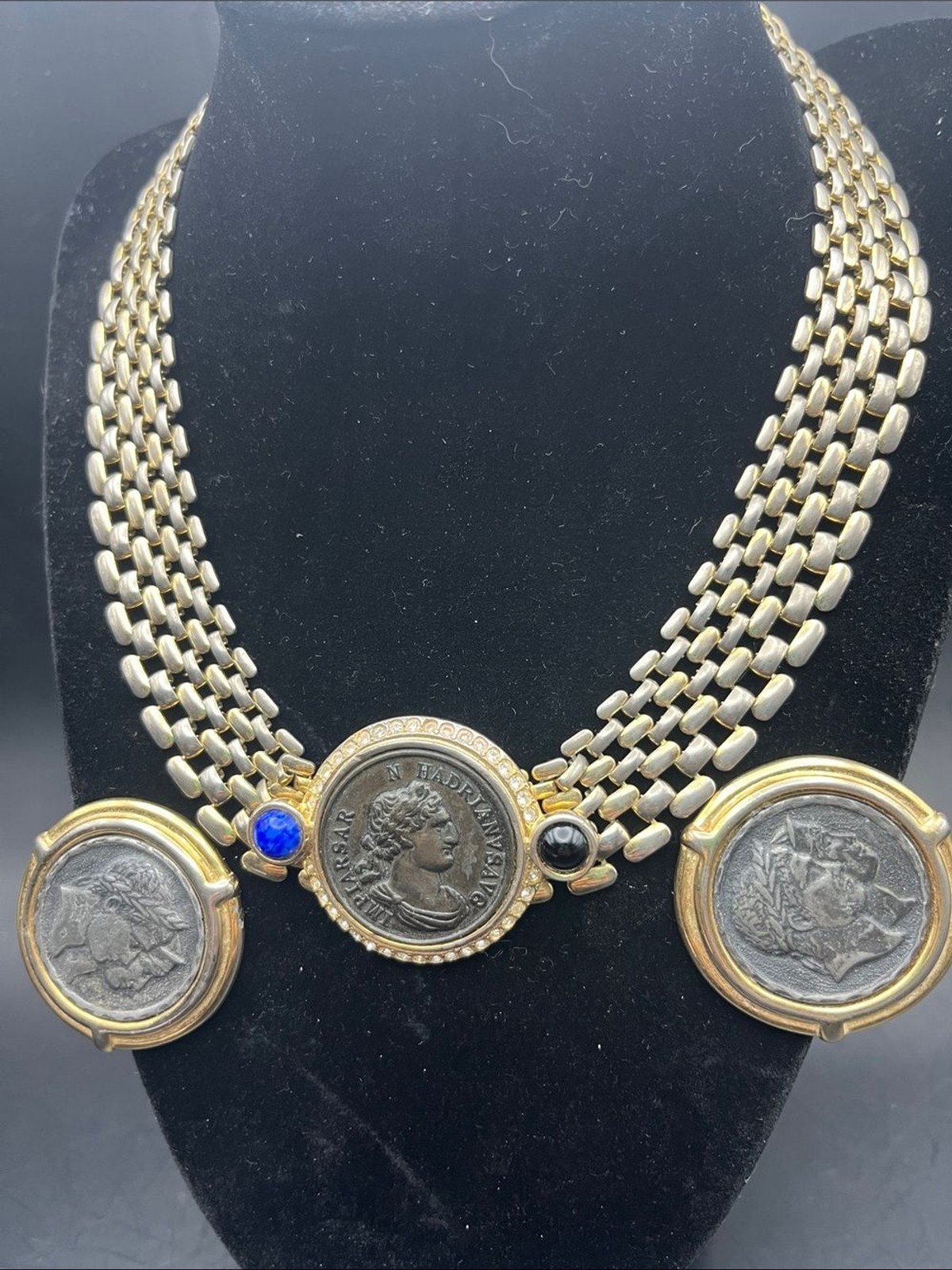 80s VINTAGE Gold Tone Chain Roman Coin IMPIARSAR N HADRIANVS Necklace earrings!!