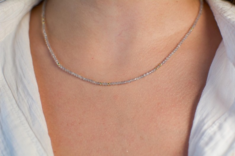 Dainty Labradorite Faceted Round Gemstone Gold Filled Beads Choker Necklace 18”