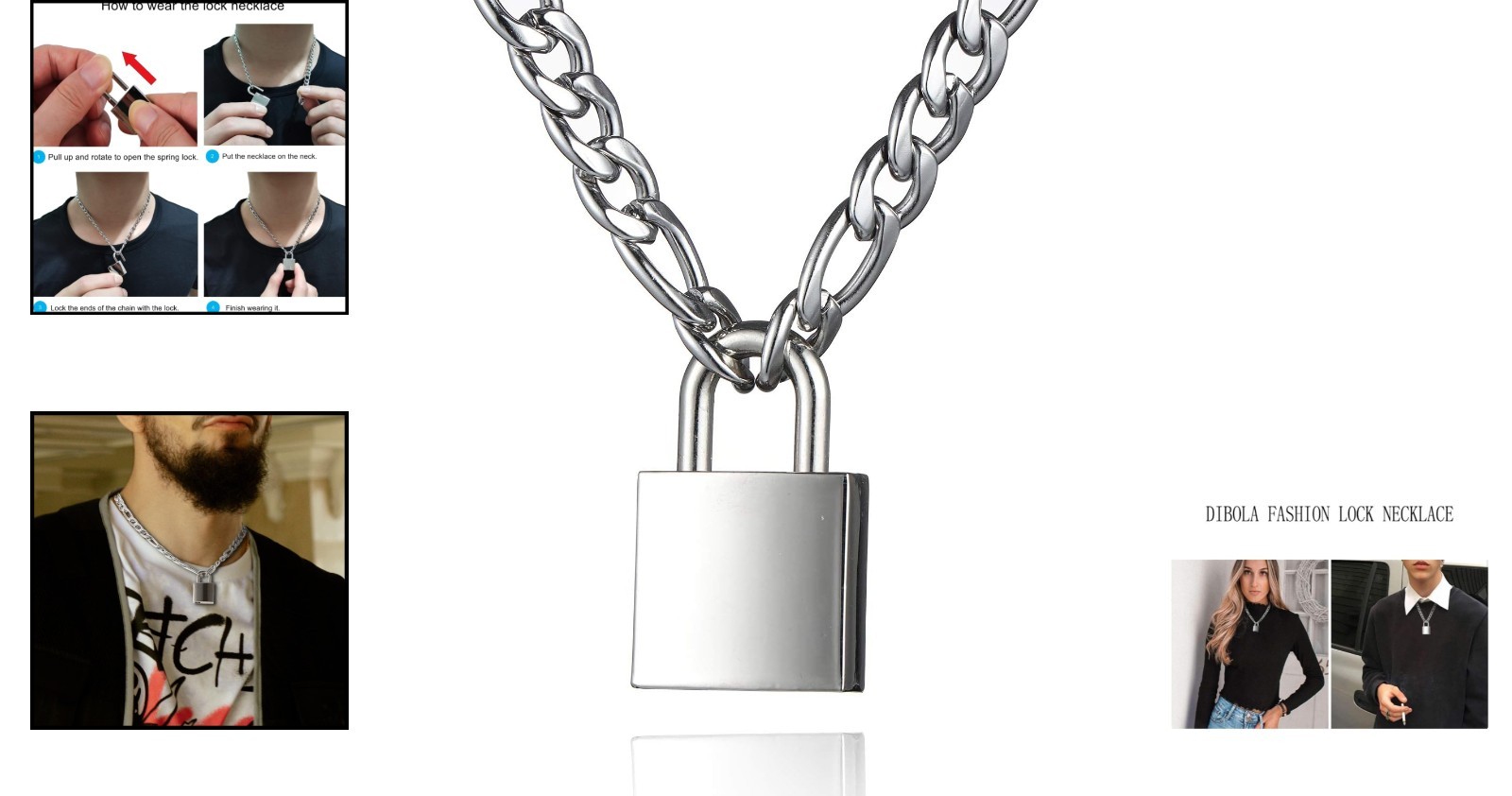 Padlock Necklace Stainless Steel Lock Chain for Men Women Silver 18-24 Inch