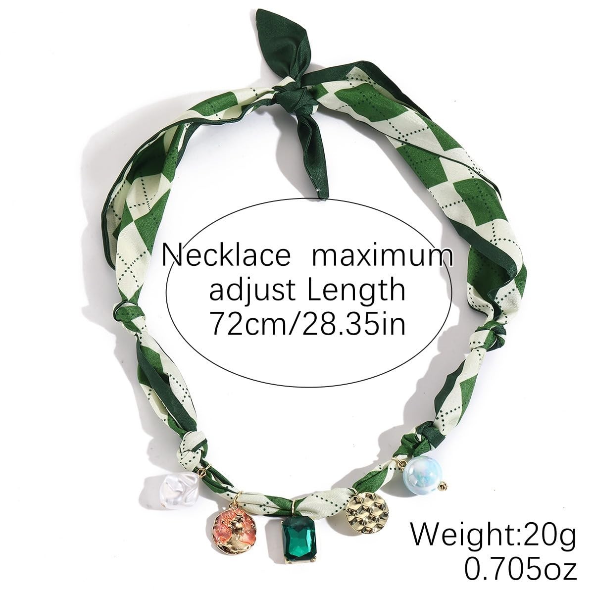 Scarf Bandana Necklace with Charm Colorful Silk Flower Crystal Medium, Green