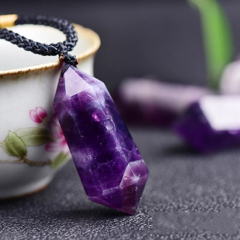 Amethyst Crystal Hexagonal Point Pendant Healing Chakra Women Men Necklace Gifts