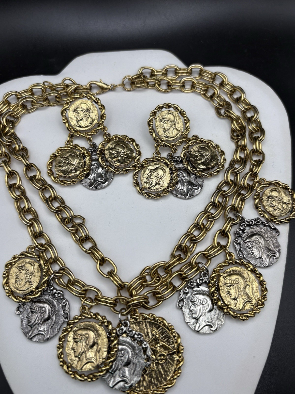 coin charm necklace Earrings Set Layered Two Tone Roman Greek Soldier Medallion