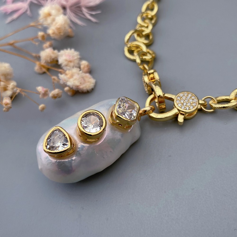18x32mm natural white reborn keshi pearl pendant gold plated chain necklace