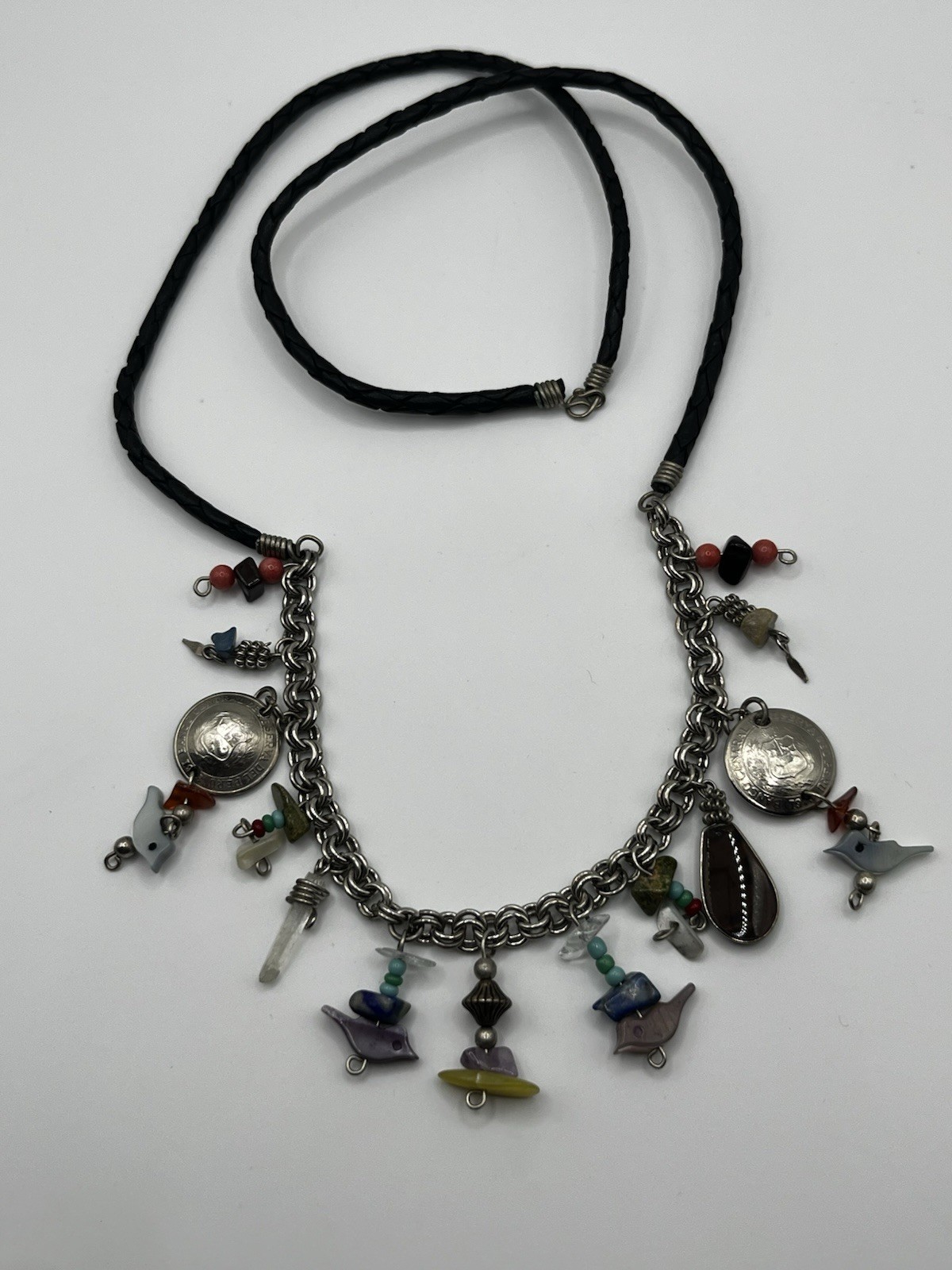 Peruvian Artisan Bird Charm Necklace Mixed Stone Peru Coin Boho Folk Art