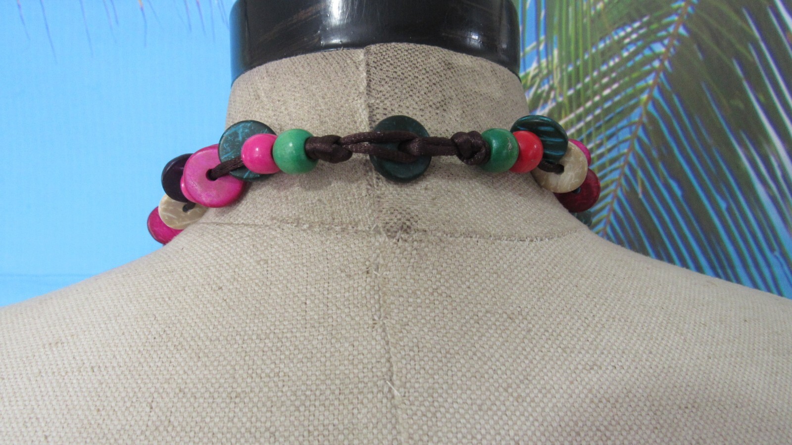 Brown Cord Necklace with Multicolor Wood Beads & 2 Wood Butterflies 32″
