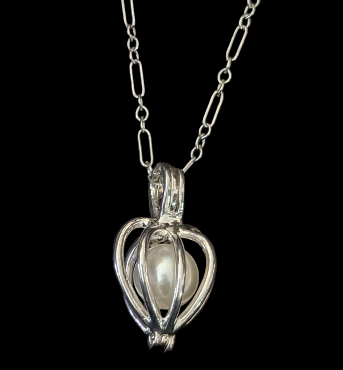 925 Sterling Rhodium Plated Caged Glass Pearl 21.3mm Pendant 17.5″ Chain
