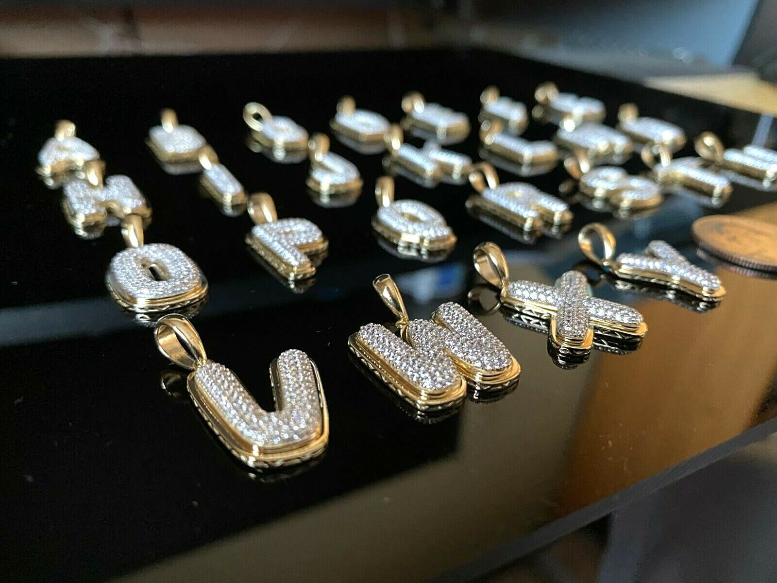 10k Solid Yellow Gold Bubble Initial A to Z Alphabet CZ Pendant Charm