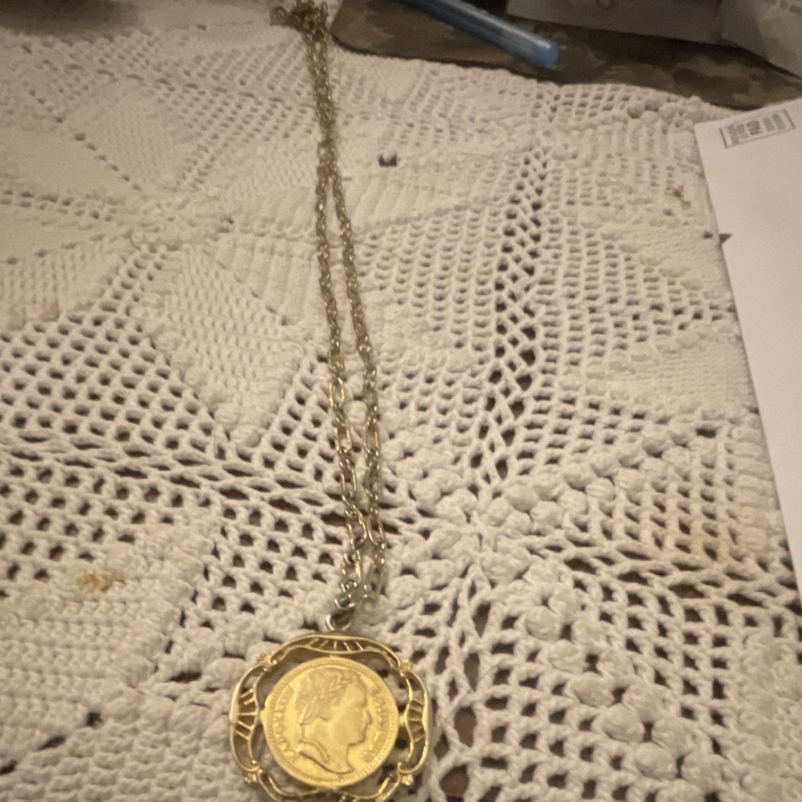 Gold Tone Metal Round Coin Pendant Chain Necklace, Coins & Money Theme Power