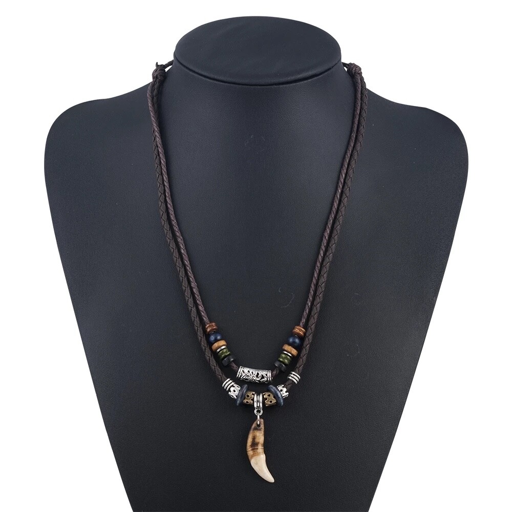 Men’s Fashion Jewelry Brown Leather Beaded Weave Rope Tooth Pendant Necklace 420