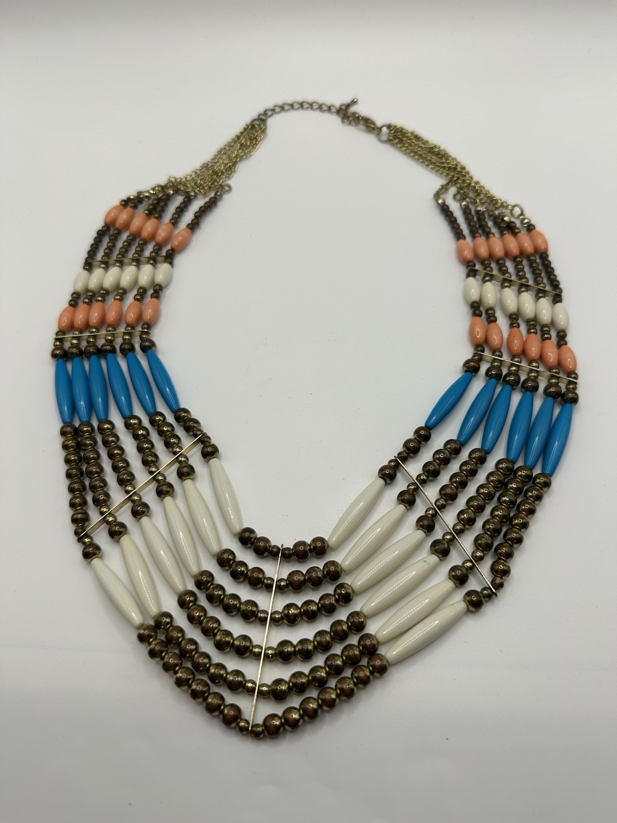 Gold Tone Pink And White Beaded Multi Strand Boho Native Style Necklace 24”