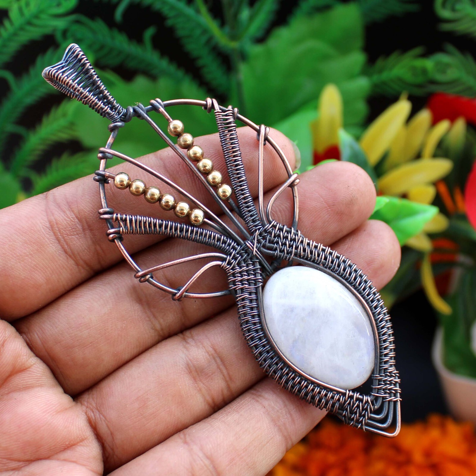 Rainbow Moonstone Pendant Copper Wire Wrapped Pendant Gemstone Wire Wrap Jewelry