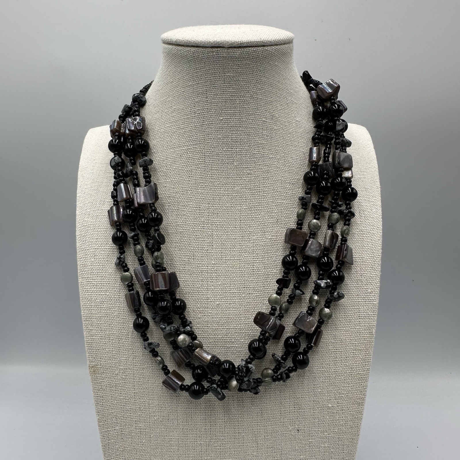 Shell Bead Necklace Multi Strand Black Grey Chunky Layered Jewelry 18 Inch
