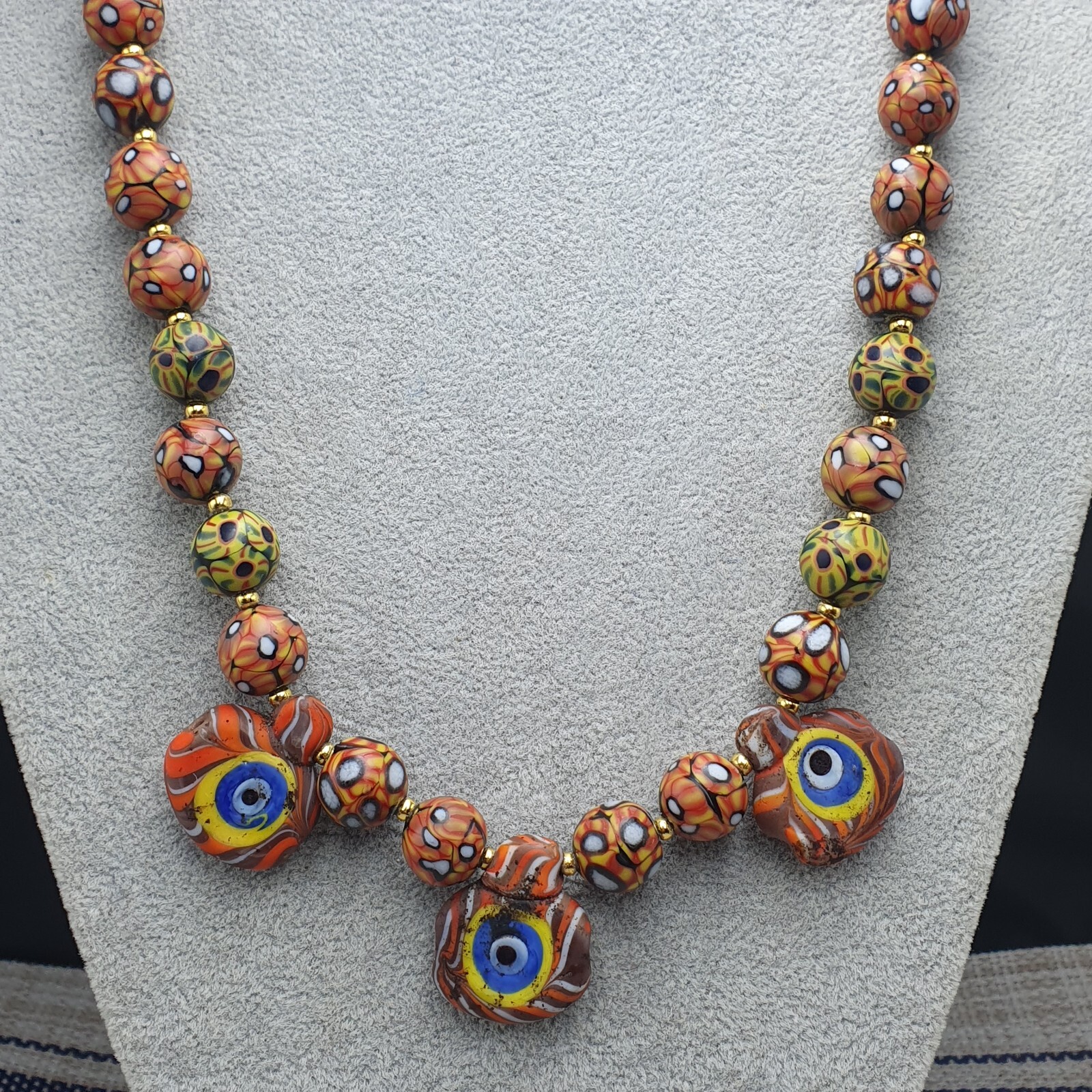 Vintage Venetian Style Eyes Glass with Old 3 Eyes Glass Beaded Necklace