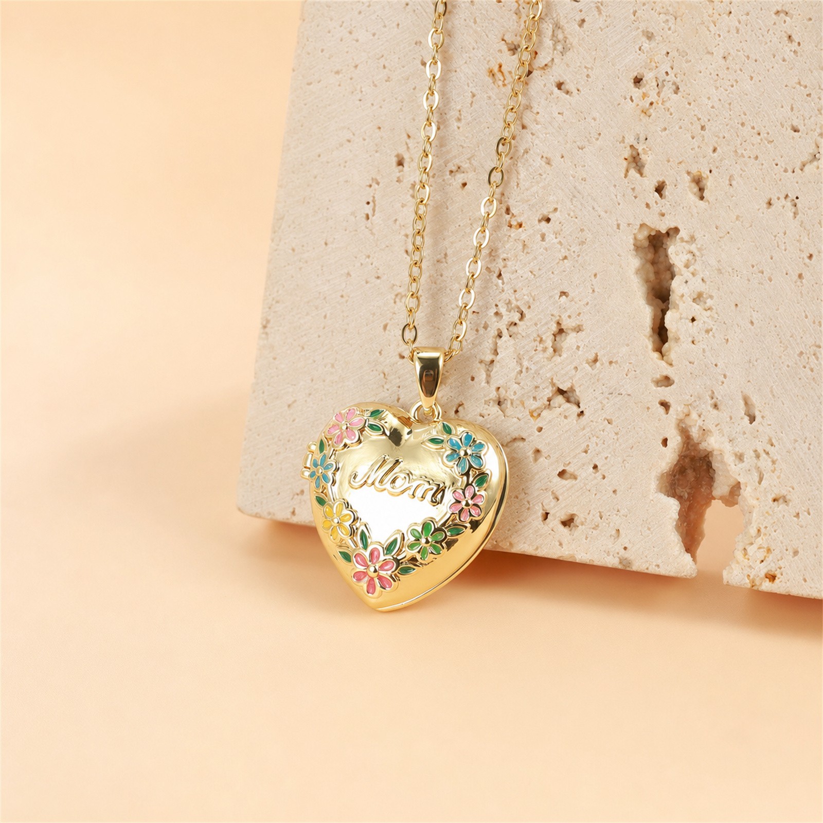 Engraved “Mom” Colorful Enamel Heart Pendant Photo Locket Necklace Adjustable