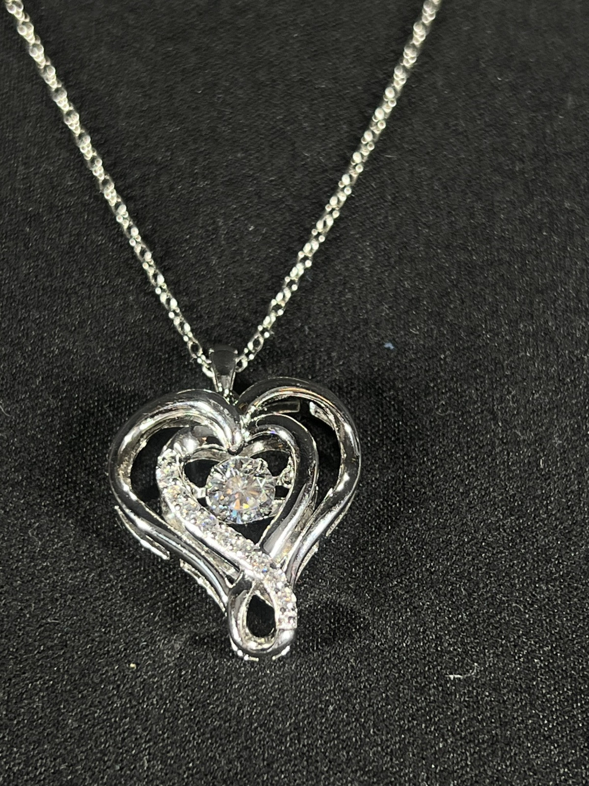 SAI Sterling Modern Heart Shape & Wiggle Rhinestone Pendant On Sterling Chain