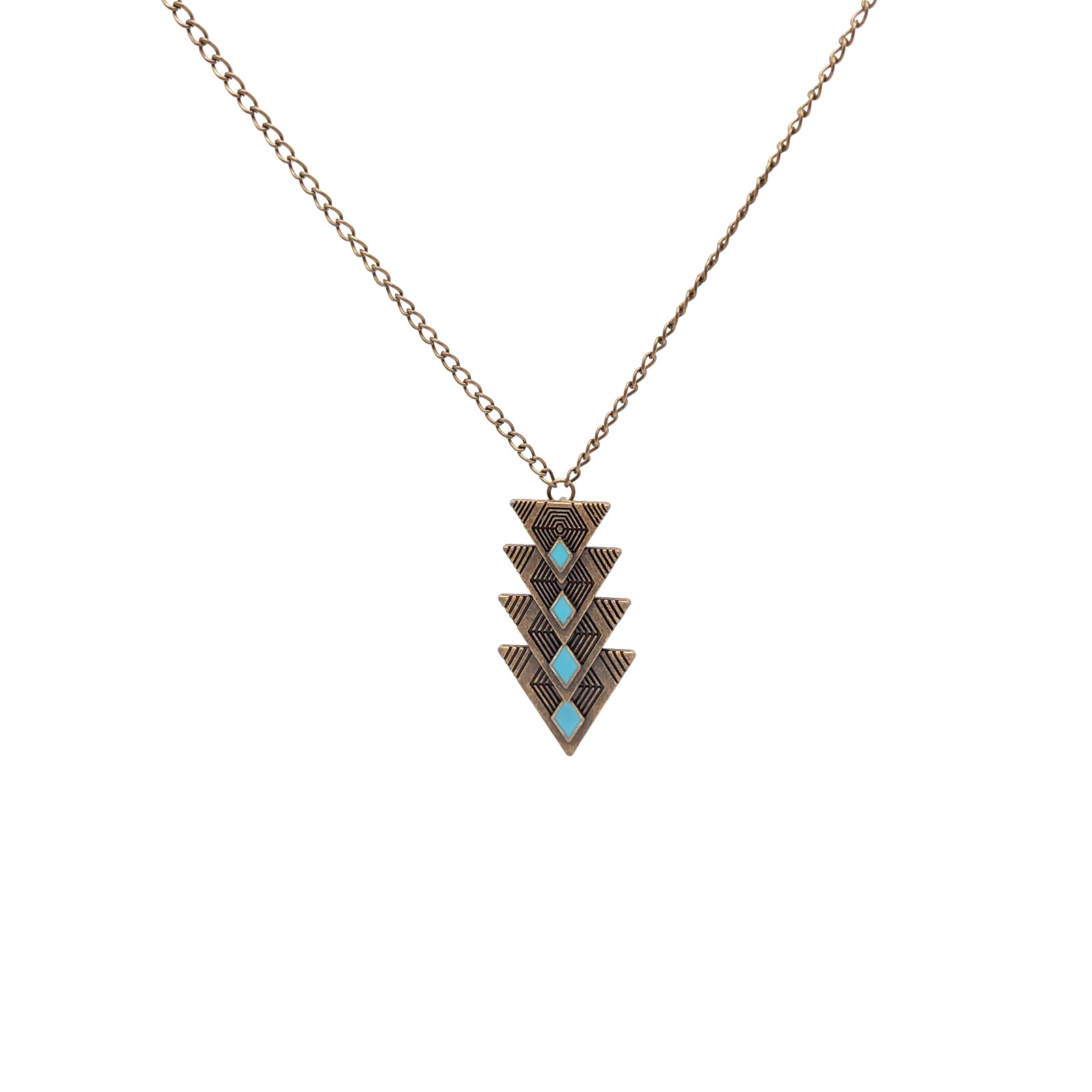 Bronze Tone Chevron Necklace Blue Enamel Geometric Boho Statement