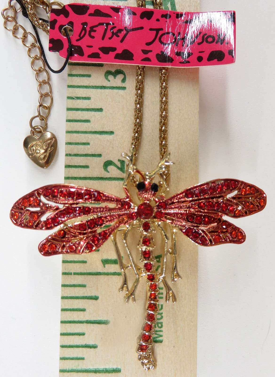 NWT-Betsey Johnson Red Crystal Dragonfly Pendant Brooch on Goldtone Necklace