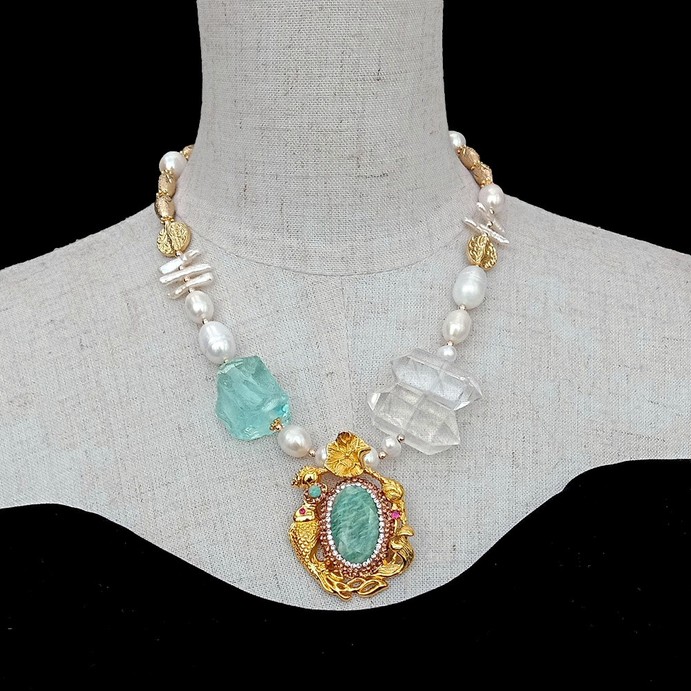 Cultured White Pearl Quartz Double Point Necklace Green Amazonite Cz Pendant