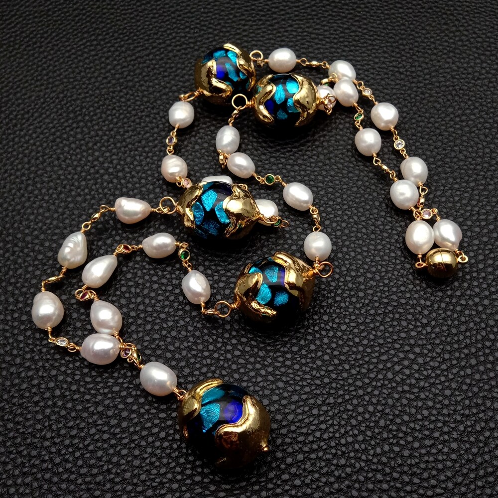 33″ Cultured White Baroque Pearl Blue Murano Glass Rosary Chain Long Necklace